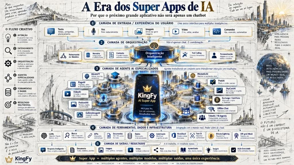 A Era dos Super Apps de IA: camadas de entrada, orquestração, AgentsAI especializados, ferramentas e saídas multimodais no ecossistema KingFy