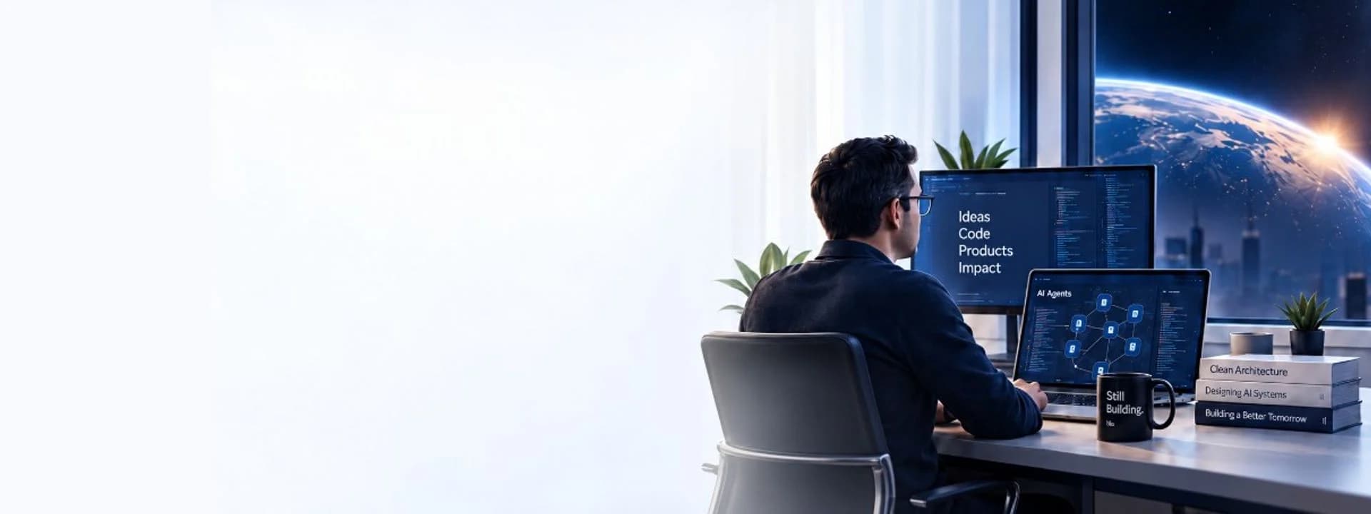 Emerson Amorim trabalhando em um ambiente contemporâneo com múltiplos monitores, código, agentes de IA e o horizonte da Terra ao fundo