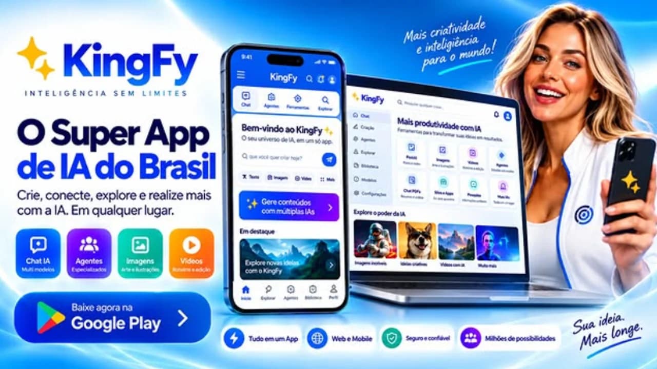 KingFy, o Super App de IA do Brasil, com aplicativo móvel, notebook e a marca em um ambiente de produto