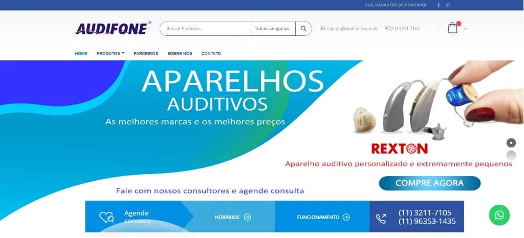 Loja Audifone WooCommerce com banner Aparelhos Auditivos Rexton e botão Compre Agora