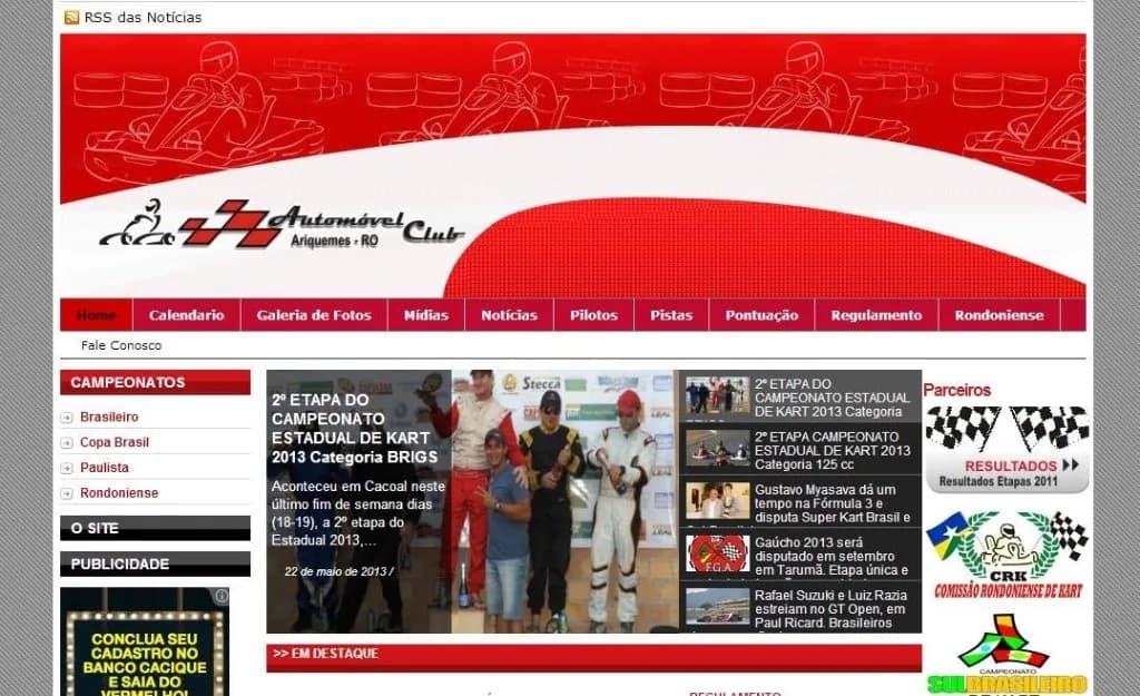 Site Automóvel Club Ariquemes com notícia do Campeonato Estadual de Kart 2013
