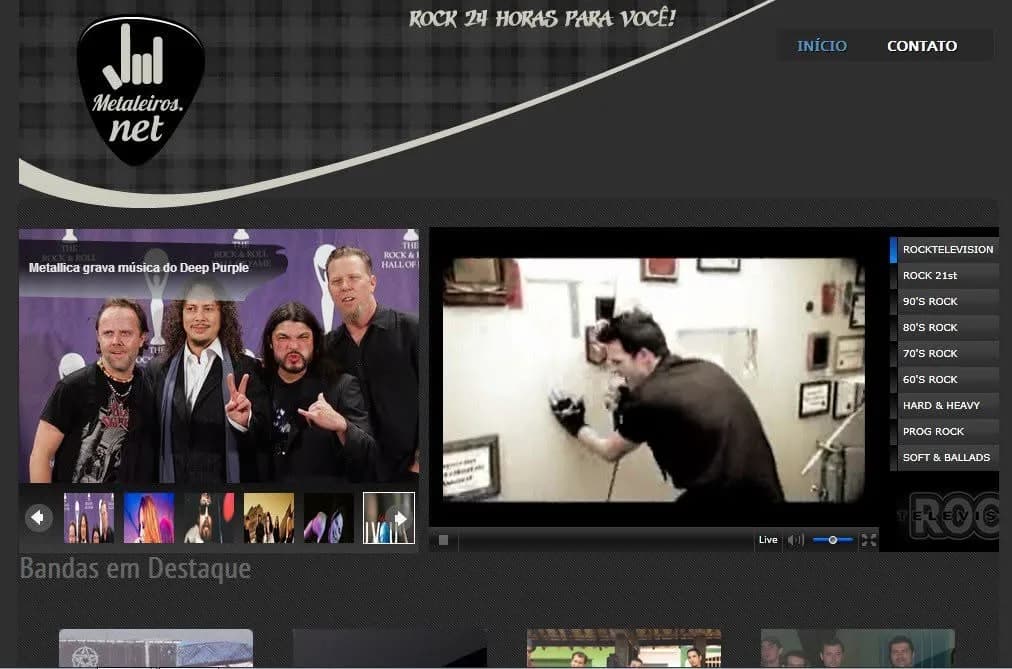 Portal Metaleiros.net com notícias Metallica, player Live e menu Rock Television