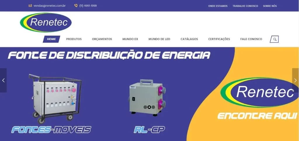 Hero Renetec Fonte de Distribuição de Energia com fontes móveis e logo ENCONTRE AQUI