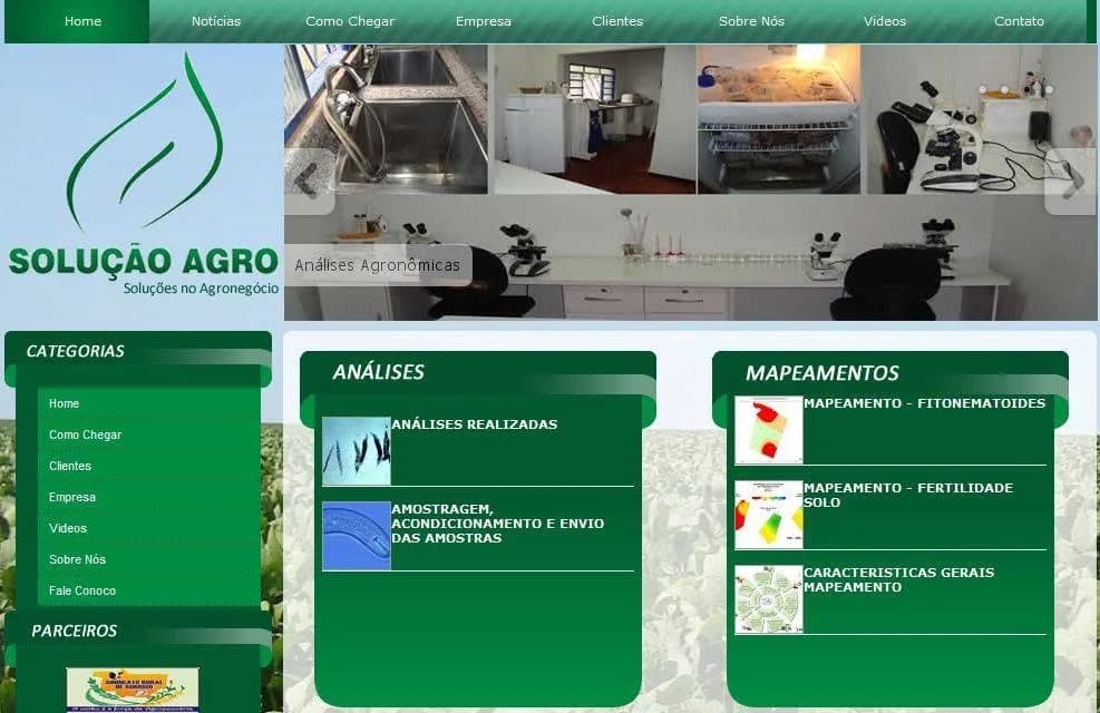 Site Solução Agro com menu verde, carrossel Análises Agronômicas e seções Análises e Mapeamentos