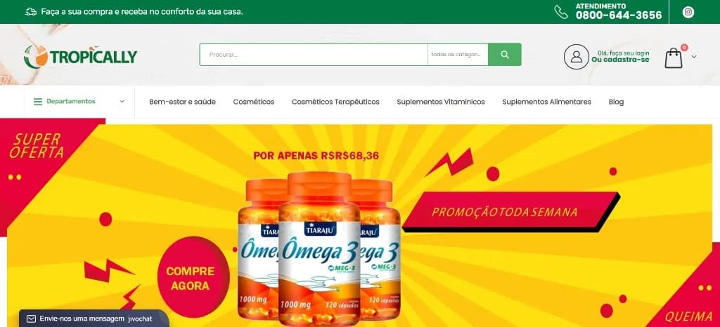Loja Tropically WooCommerce com header verde, busca, departamentos e banner Super Oferta Ômega 3