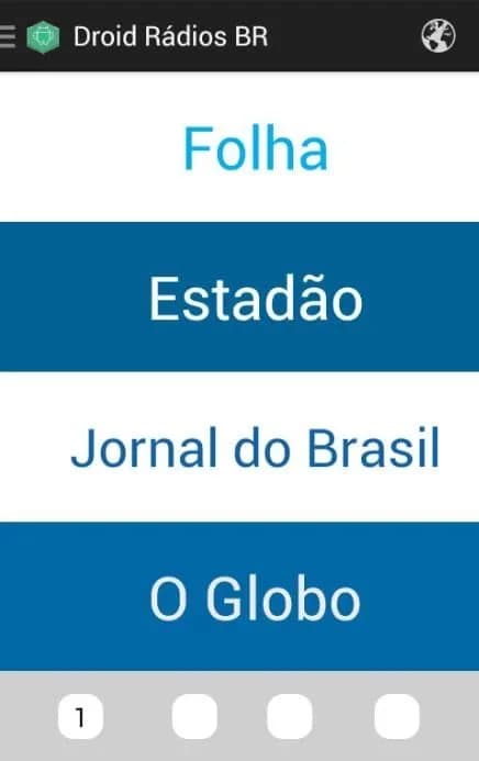 App Droid Rádios BR com lista Folha, Estadão, Jornal do Brasil e O Globo