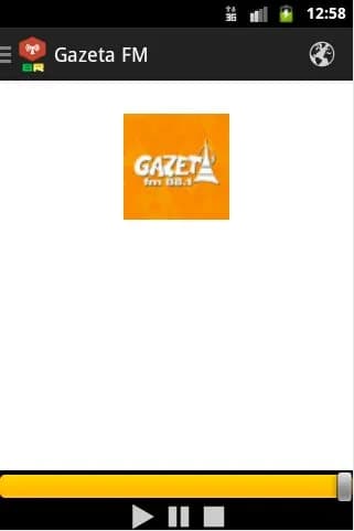 App Gazeta FM no Android antigo com logo laranja Gazeta fm 88.1 e controles de reprodução
