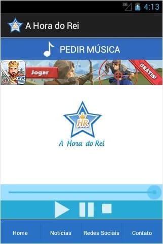 App A Hora do Rei no Android com estrela HR, botão Pedir Música e controles de reprodução