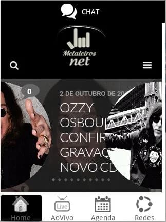 App Metaleiros.net com notícias, abas Home AoVivo Agenda e Redes