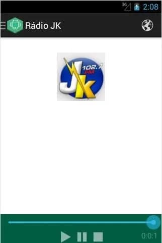App Rádio JK no Android legado com logo JK 102.7 FM e controles play pause stop