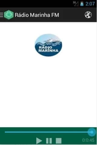 App Rádio Marinha FM no Android antigo com logo da estação e painel de controles de áudio