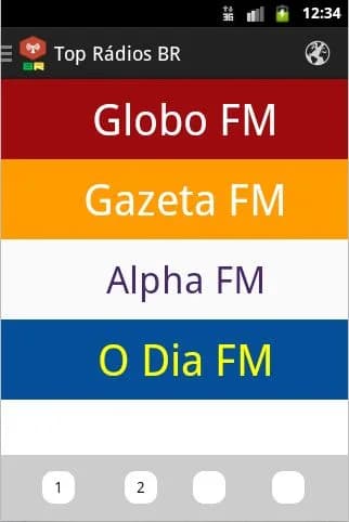 App Top Rádios BR listando estações Globo FM, Gazeta FM, Alpha FM e O Dia FM