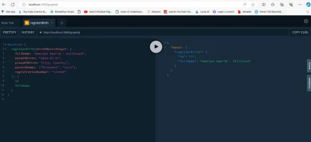 GraphQL Playground executando mutation registerBirth com resposta JSON de sucesso