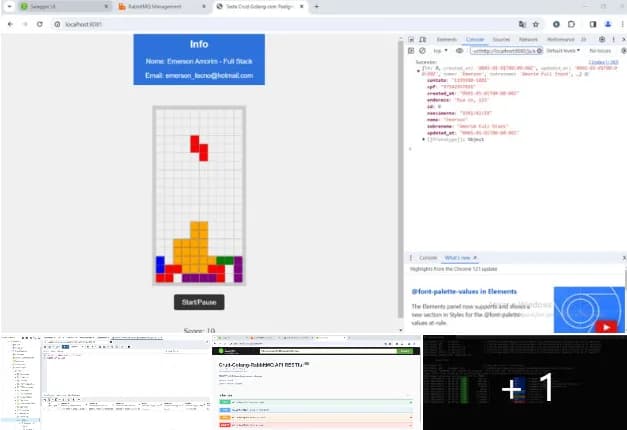 Jogo Tetris no navegador integrado ao backend Go com console exibindo JSON de cliente
