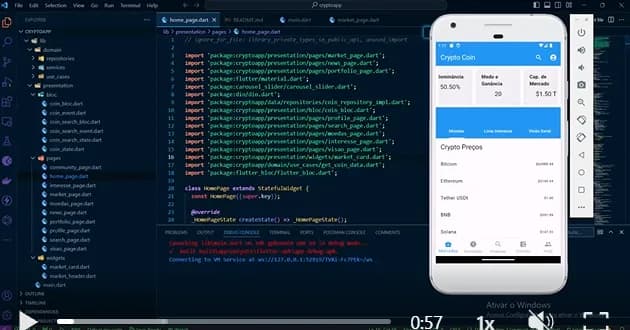 Crypto Coin App no emulador Android com listagem de moedas e estrutura Clean Architecture no VS Code