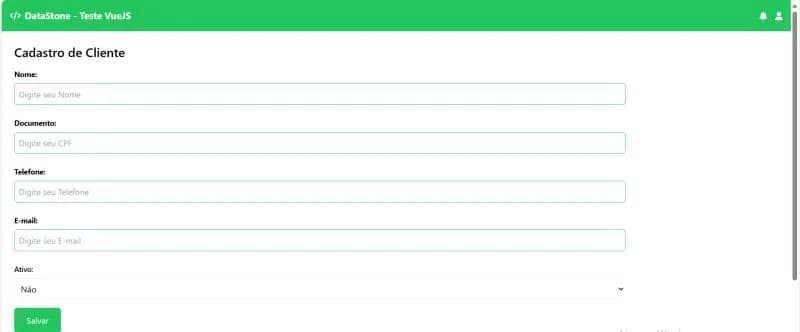 Formulário Cadastro de Cliente no teste técnico Data Stone com header verde VueJS