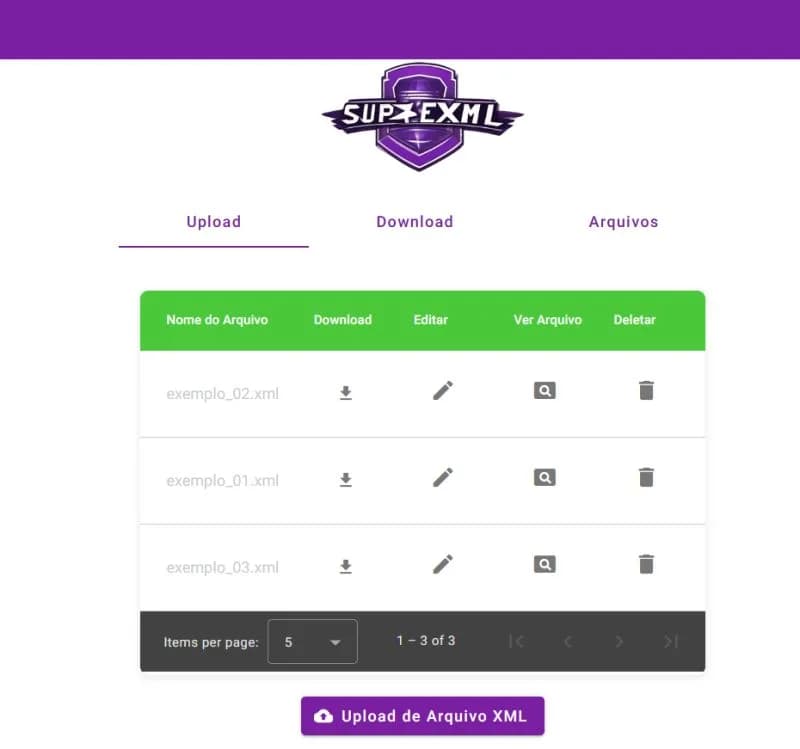 Visualizador XML Eware com tabela de arquivos, paginação e botão de upload