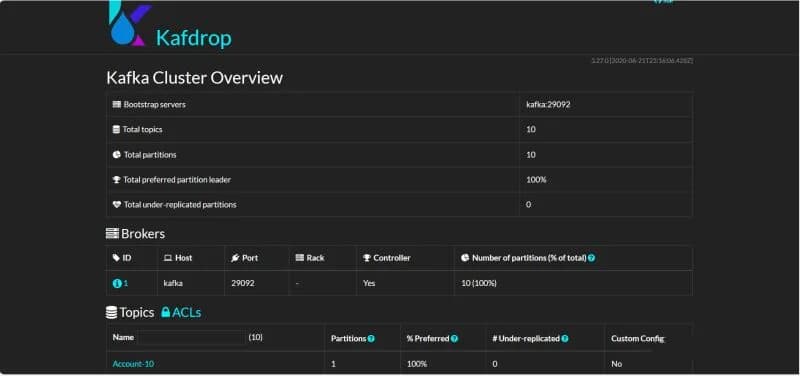 Kafdrop listando tópicos Kafka do cluster usado na detecção de fraudes bancárias