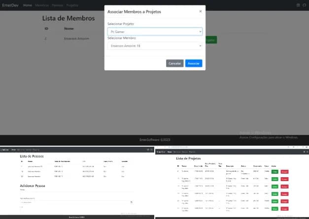 EmerDev — telas de listagem de membros, pessoas e projetos com modais de associação