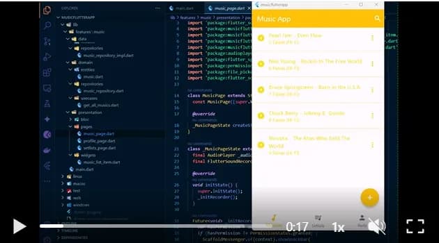 Music App Flutter com lista de faixas, bottom navigation e estrutura de features no editor