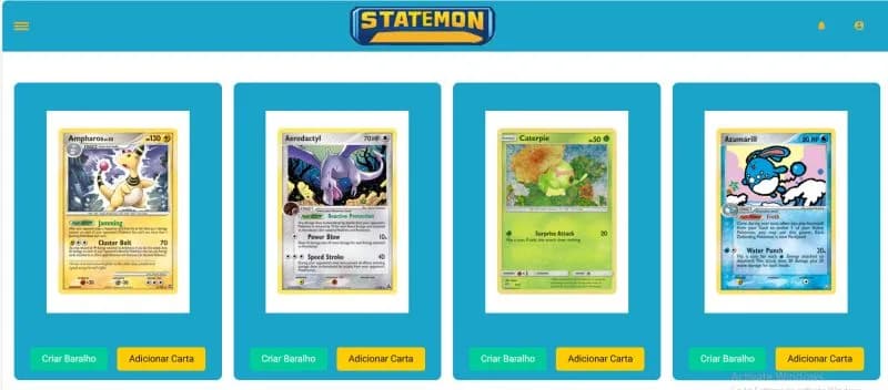 Statemon — grid de cartas Pokémon com ações Criar Baralho e Adicionar Carta