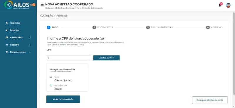 ViaCrediApp18 AILOS — tela Nova Admissão Cooperado com consulta de CPF e situação Regular